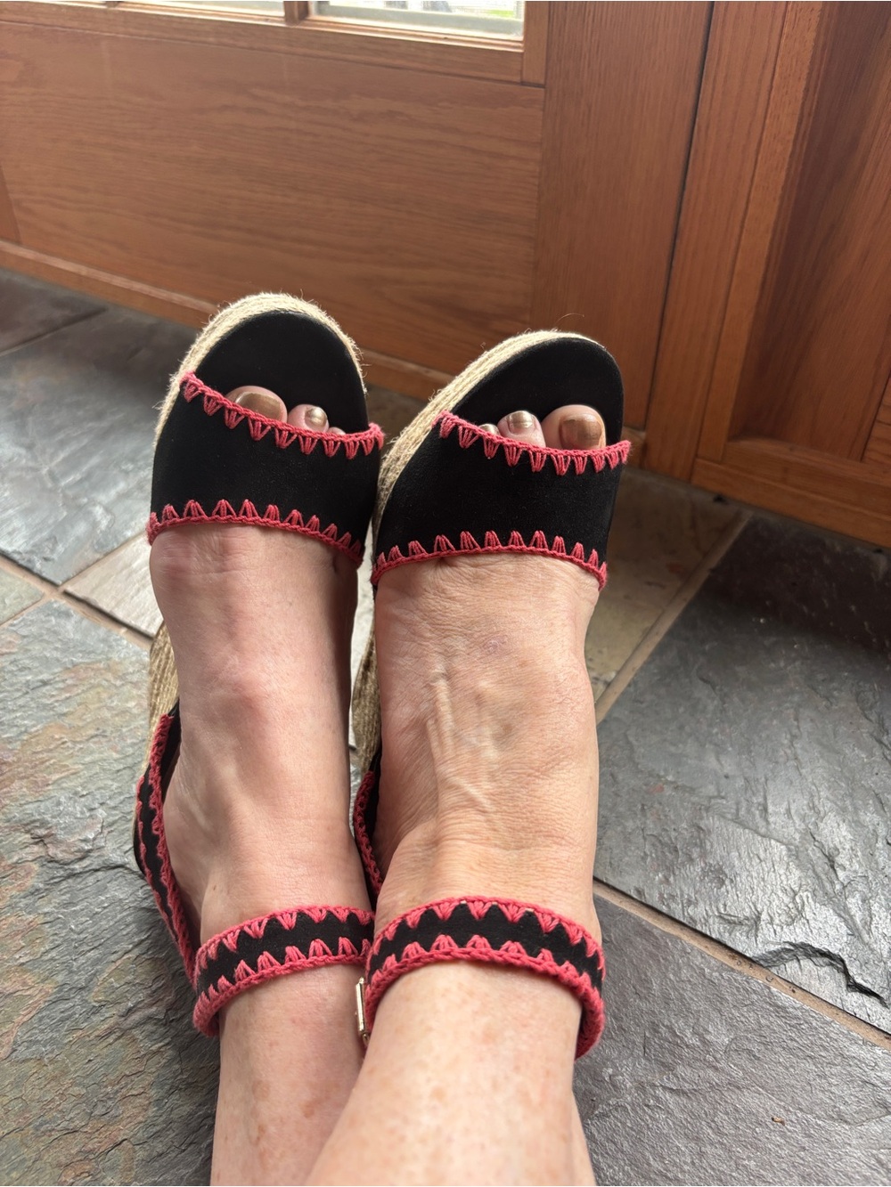 Indigo Black Espadrille Wedges with Pink Trim